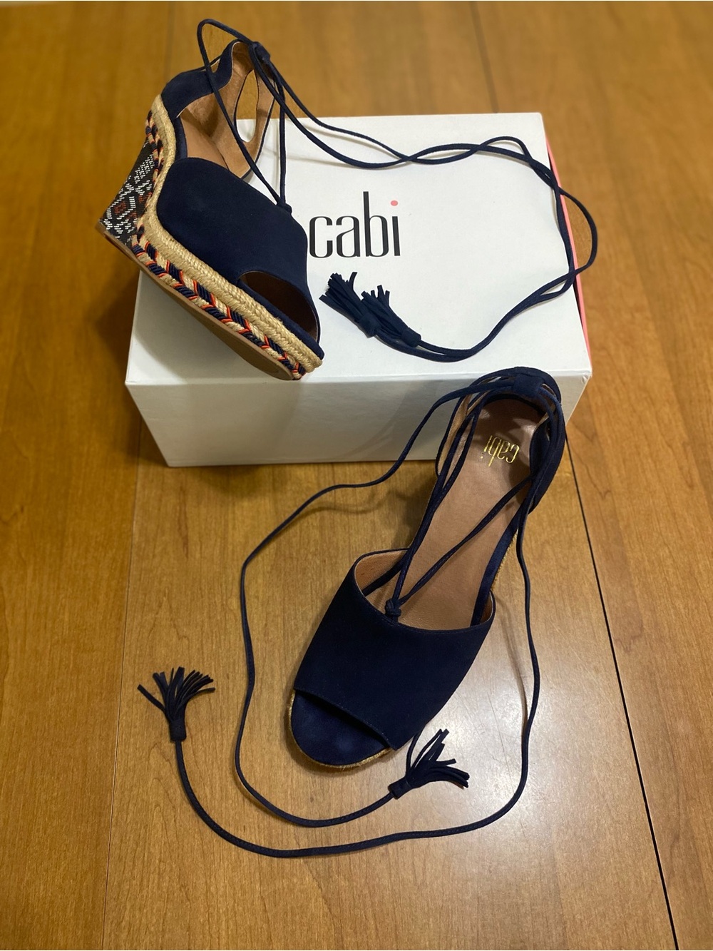 CAbi Isla Navy Suede Lace-Up Espadrille Wedges with Embroidered Heel size 8